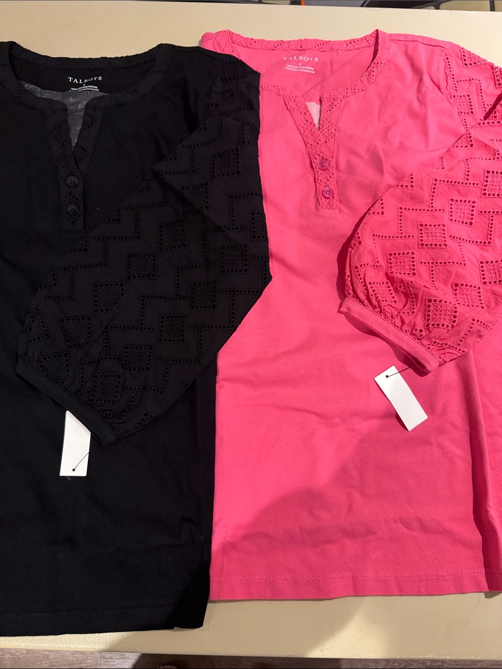 NWT Lot of 2 Talbots Eyelet-Sleeve Henley Top in Black and Hot Pink